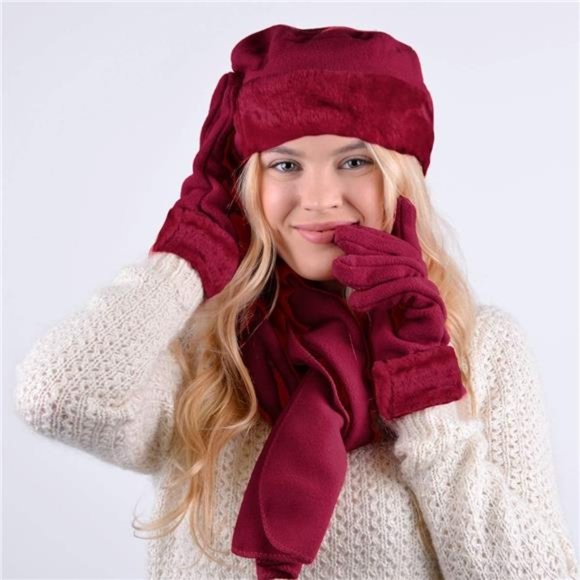 Women\'s Warm Fleece Winter Hat and Glove Set & Scarves, Burgundy main image 7